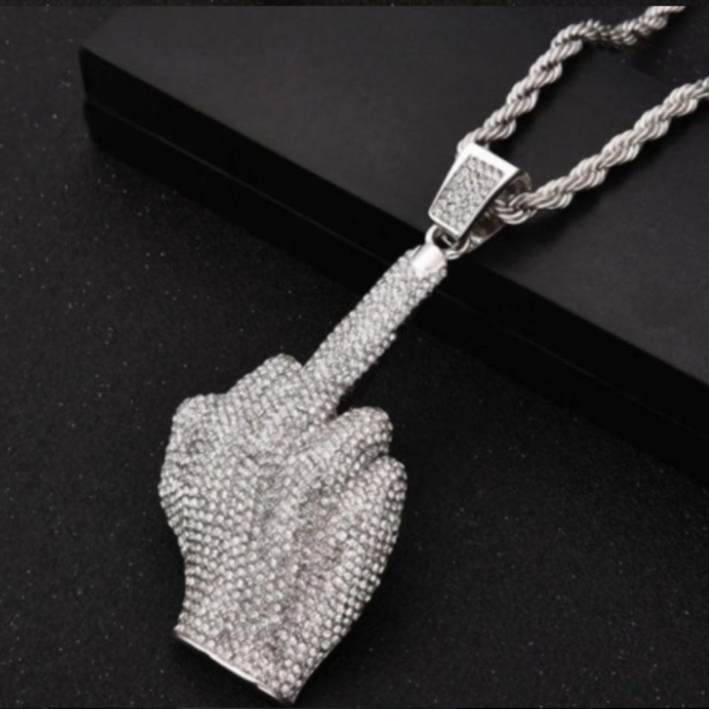 Bling Letter FY Finger Pendant Necklace Vertical Middle Finger Charm Silver